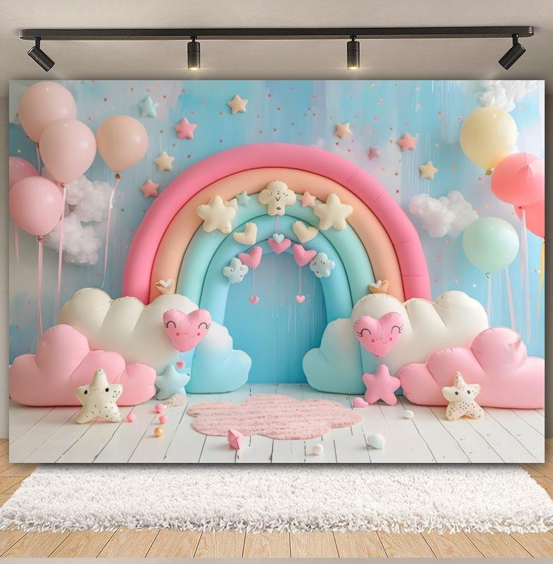 3D Balloons Rainbow Happy Birthday Photography Backdrop Colorful Girl Boy Birthday Party Baby Shower Decor Photozone Background
