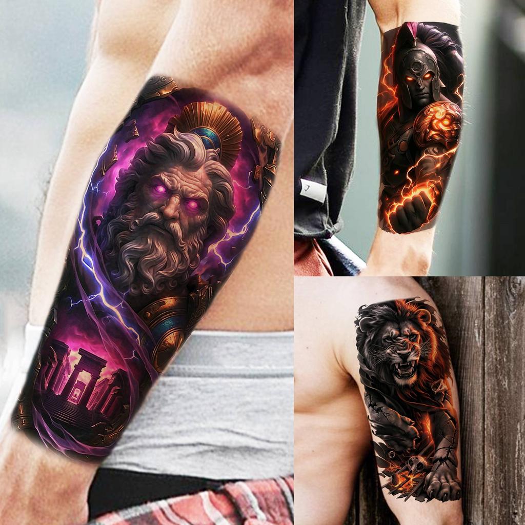 1 Sheet Realistic 3D Zeus Lion Warrior Temporary Tattoos For Men Women Adults, Long Lasting Waterproof Temp Fake Tattoo Stickers