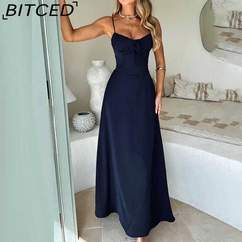 BITCED Women's Elegant Lace-Up A-Line Solid-Colour Midi Dress