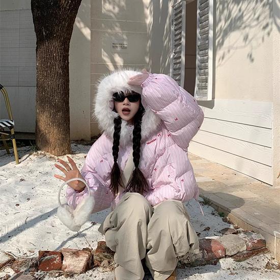 Autumn and Winter American Striped Bow Collar Hooded Cotton Jacket, Thickened Warm Cotton Jacket for Women