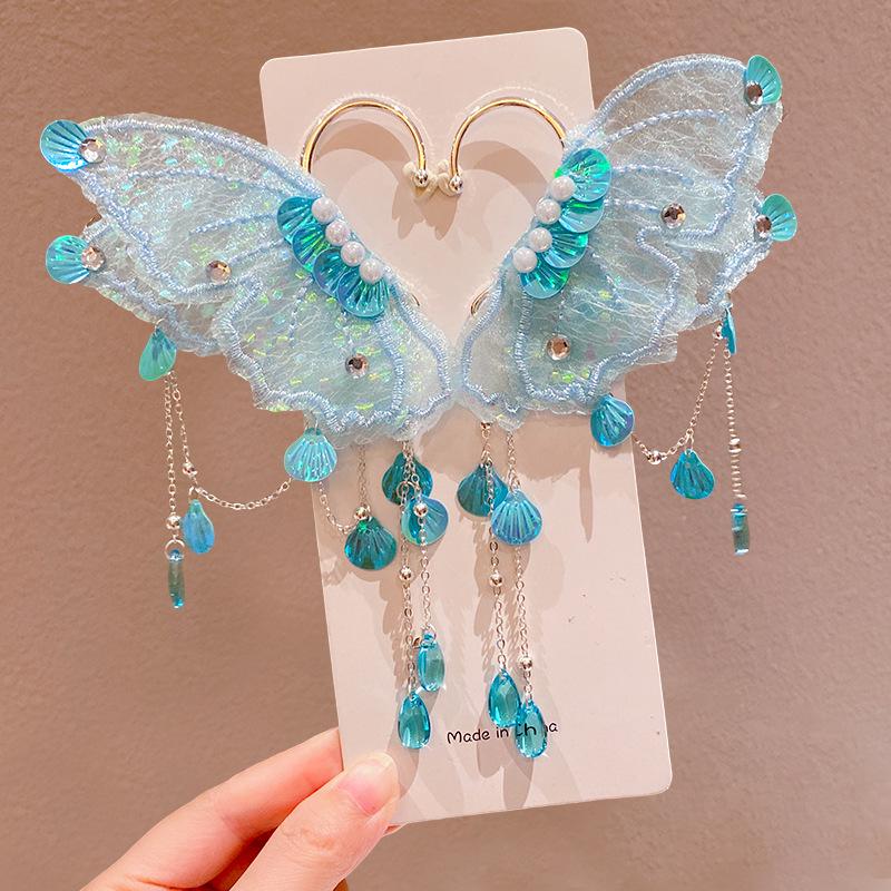 

Сережки-кафи принцеси-русалки та старовинний ханьфу головний убір із сережками-ельфами-метеликами для маленьких дівчаток