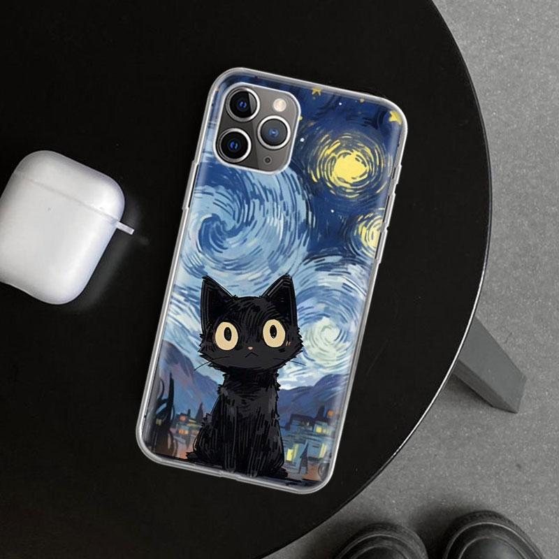 Anime Cute Black Cat Meow Phone Case Cover for iPhone 11 12 13 Mini 14 15 Plus 16 Pro Max 17 Air 7 8 + SE Art Customized Fundas
