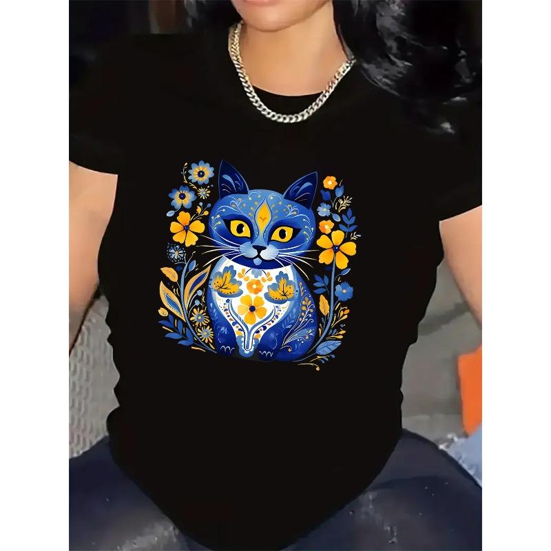 Short Sleeve T-Shirt with Blue Cat Floral Design, Made of cotton Fiber, Lightweight and Durable