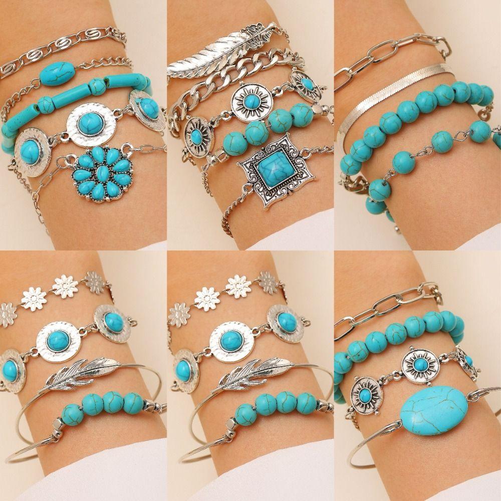 Beads Turquoise Bracelet Set Pearl Bohemian Style Hand Chain  Holiday