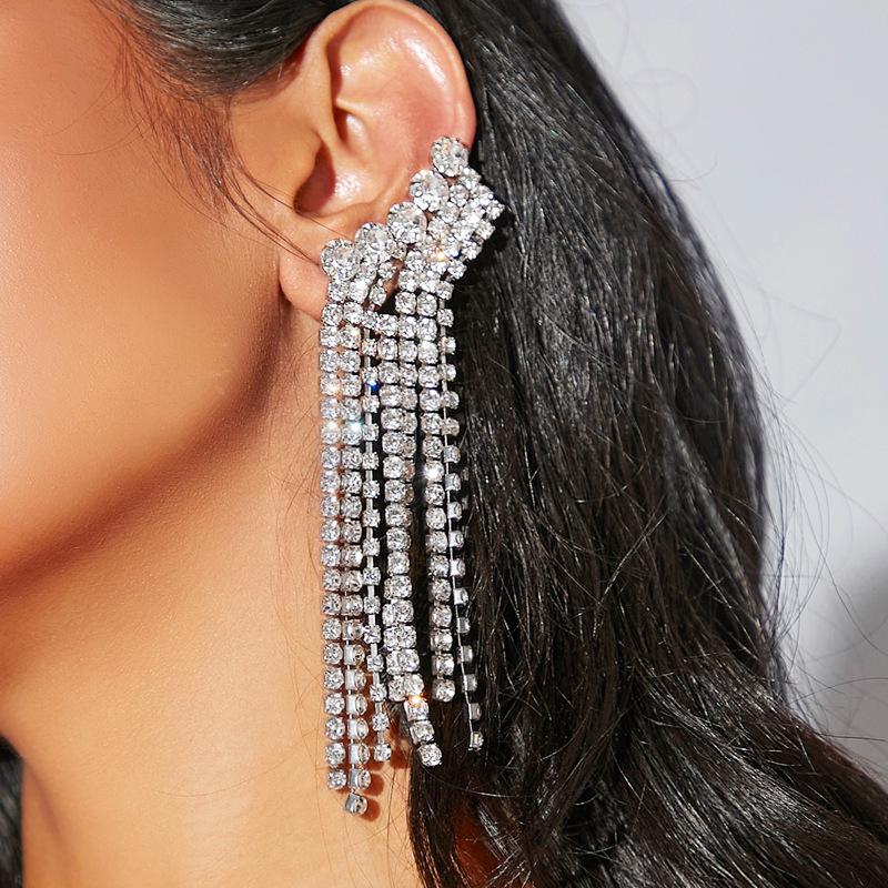 Qifu Silver Rhinestone Tassel Long Earrings for Women