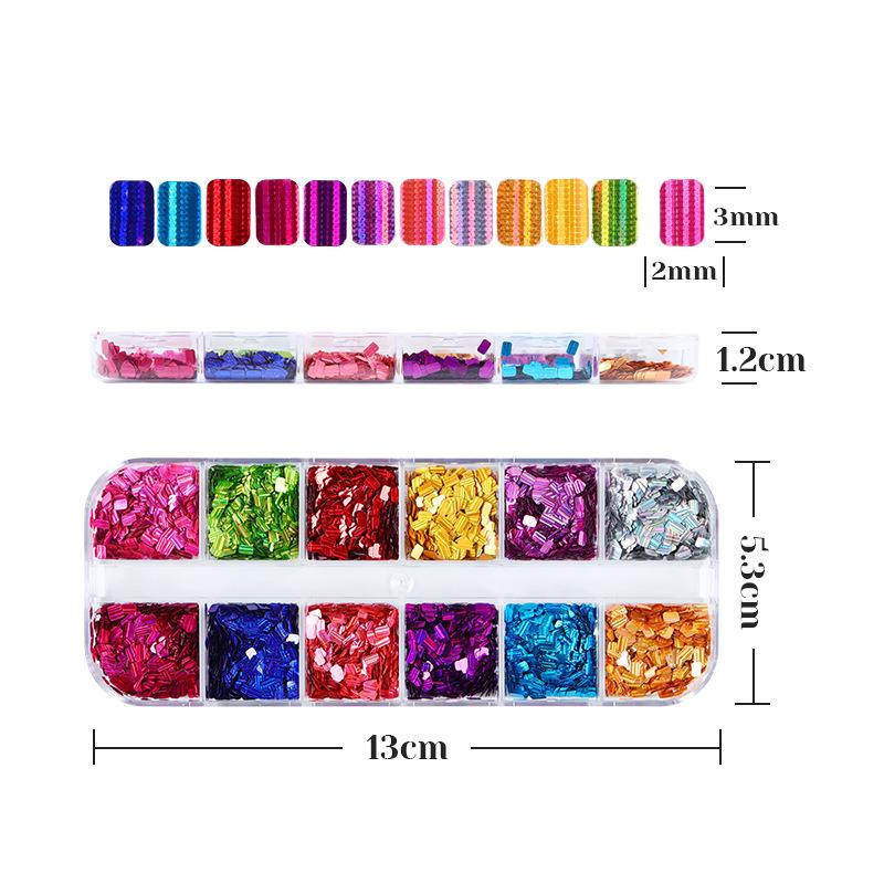 Explosive Flash 12 Grid Box, Laser Square Striped Nail Glitter, Colored Rectangular Nail Glitter, Nail Decoration