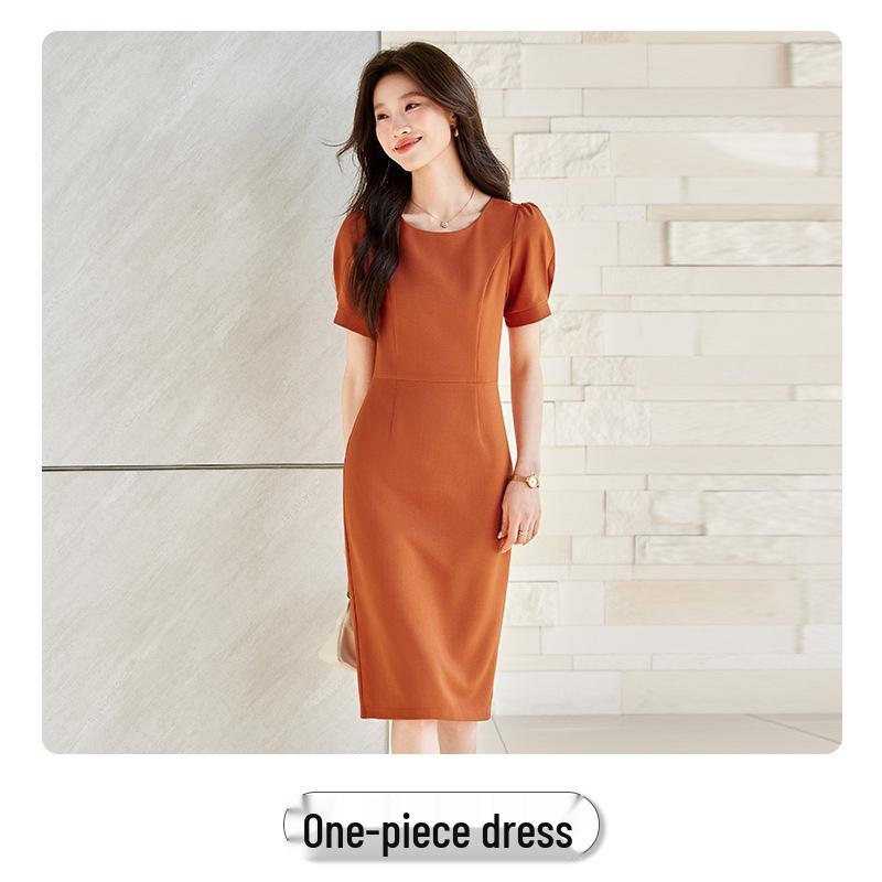 Round Neck Puff Sleeve Slim Fit Midi Dress - Spring/Summer 2026 Women's Professional Commuting Style
