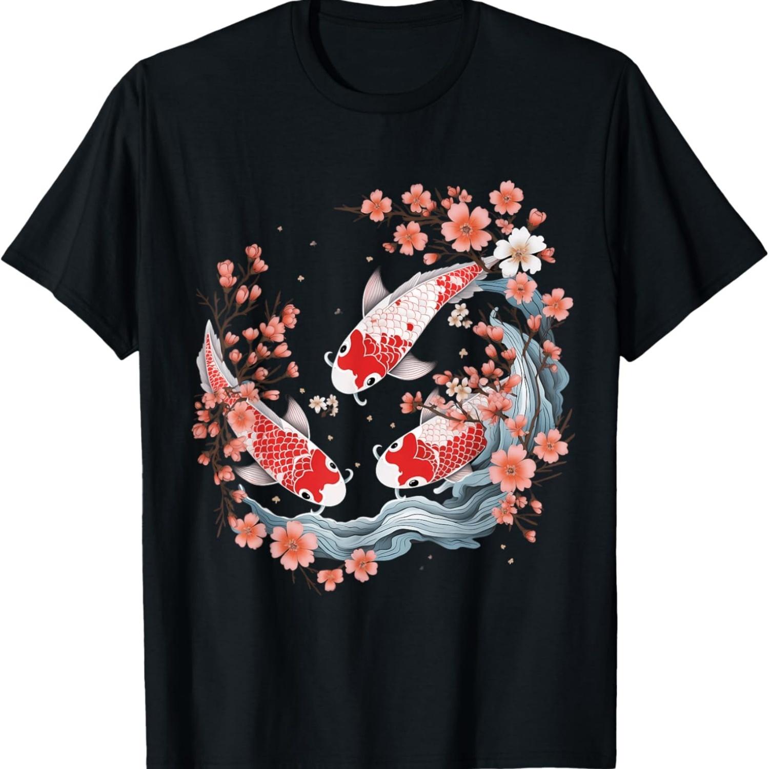 Koi Carp Ying Yang Nishikigoi Fish Cherry Blossom T-Shirt(84) S чёрный