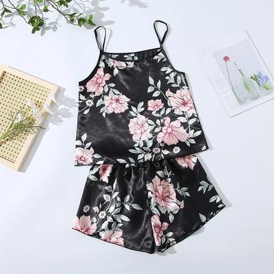 Sexy Nightwear Women Halter Print Girl Home Wear Two-Piece Set Flowers Sleeveless Shorts Ladies Pajamas Sleepwear Soft