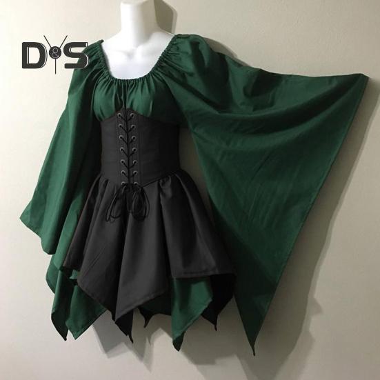 Women Long Sleeves Dress Medieval Vintage Fairy Elf Costume Bell Sleeve Retro Waist Cinching Patchwork Dress for Halloween Cosplay