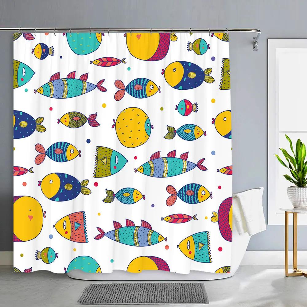 Ocean Shower Curtain for Kids Under The Sea Dolphin Fish Blue Decorative Bath Curtain Polyester Fabric Washable Bathroom Curta