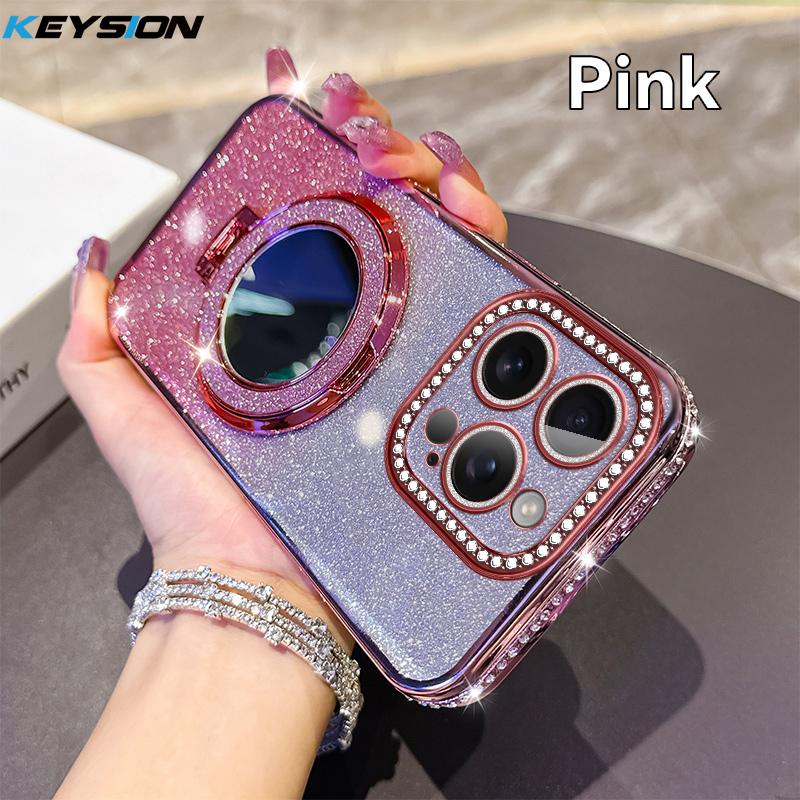 

KEYSION Luxury Glitter Jewelled Magnetic Phone Case for iPhone 15 16 Pro Max 16 Plus Makeup Mirror Ring Stand Shockproof Cover for iPhone 15 Pro Max розовый
