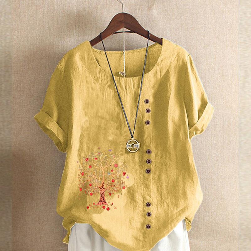 Women's Fashion Round Neck Short Sleeve T-shirt Casual Cotton Linen Graphic Shirt Leisure Loose Red Tree Prined Summer Blouse Tops Plus Size