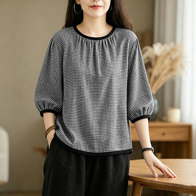 ZANZEA Women Casual Round Neck 3/4 Sleeve Grid Print Loose Blouse