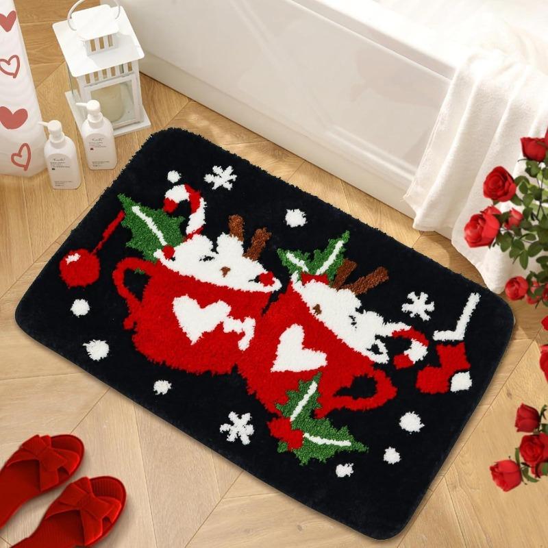 Red Christmas Print Faux Cashmere Bath Mat - Non-Slip Shower Rug & Festive Entryway Doormat