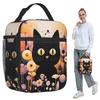 Black Cat In Flower Bushes Insulated Lunch Bag for Kids School Cooler Thermal Food Box Tote Portable Lunch Boxes Container