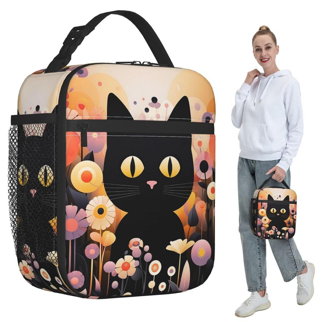 Black Cat In Flower Bushes Insulated Lunch Bag for Kids School Cooler Thermal Food Box Tote Portable Lunch Boxes Container