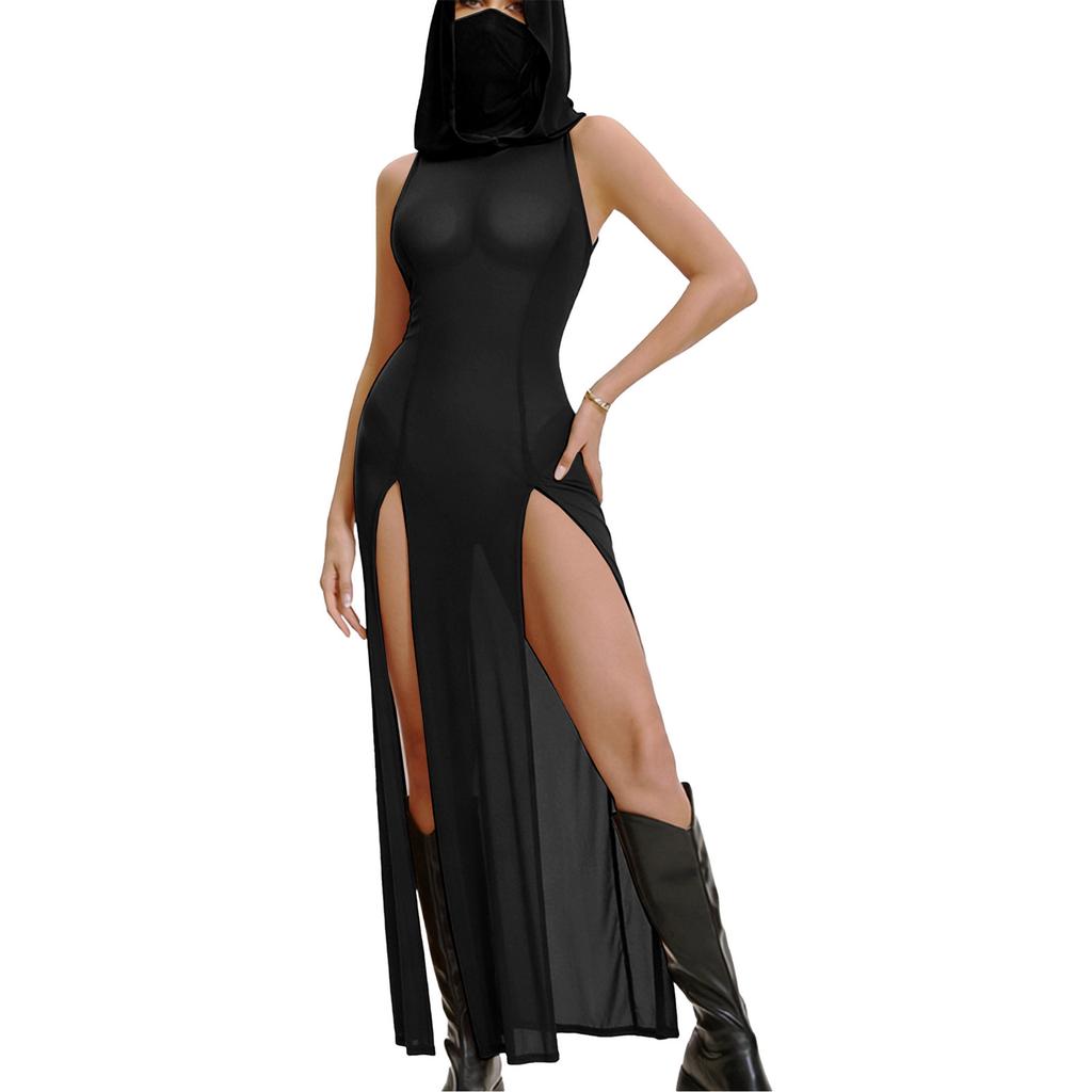 Women Sleeveless Gothic Hooded Dress High Split Sheer See-through Long Rave Night Club Outfit