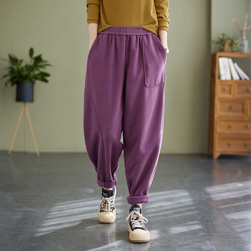 

Women s Spring, Autumn Winter Thick Stitching Sweatpants, Casual Solid Color Elastic Waist, Outer Wear Trousers with Feet S