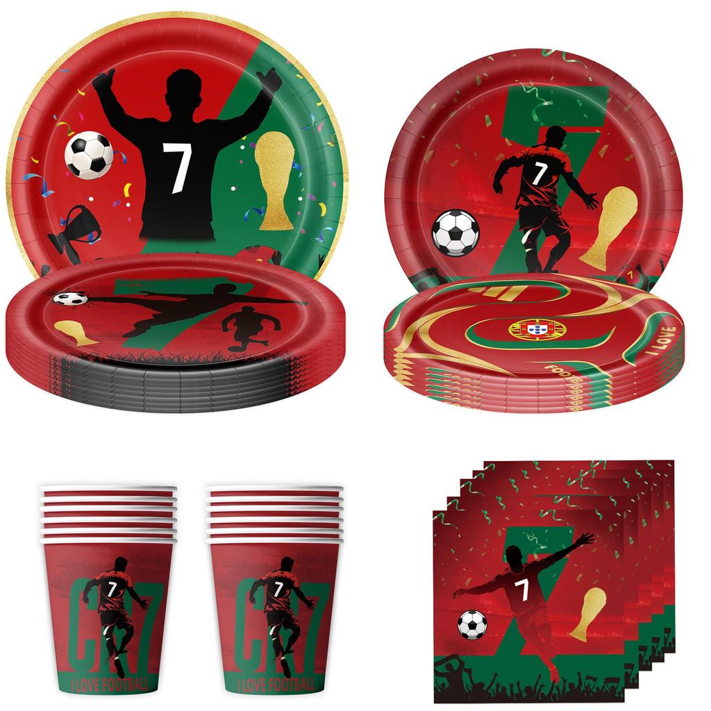 CR7 World Cup Star Fan Party Set: Plates, Cups, Napkins, Tablecloth, Banner & Decorations.