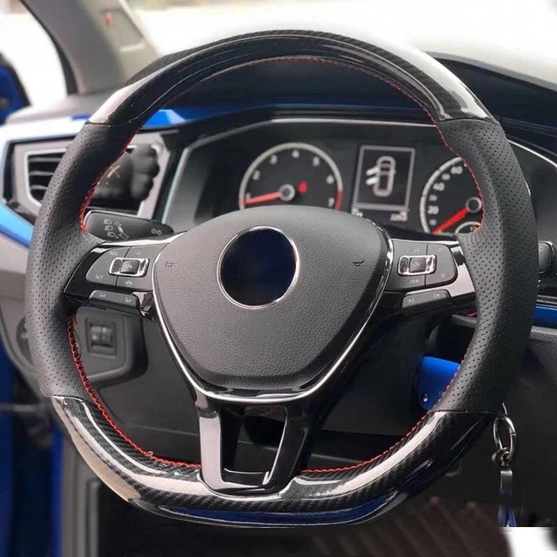 Handgenähte weiche schwarze Carbonfaser-Lenkradabdeckung aus schwarzem Wildleder für Volkswagen Golf 7 Mk7 Passat B8