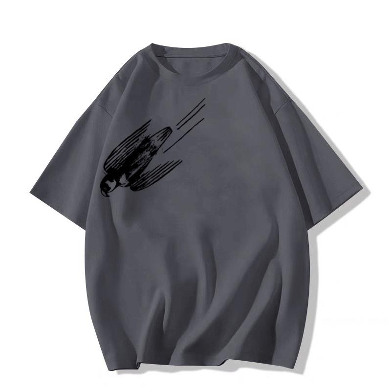 

Женская летняя футболка большого размера с прямыми плечами, свободного кроя, с рукавом до локтя - Новый американский стиль 2025 3XL темно-серого