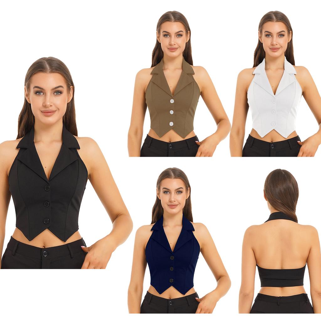 Womens Regular Fitted Dressy Waistcoat Sleeveless Halter V-Neck Button Front Crop Blazer Suit Vest