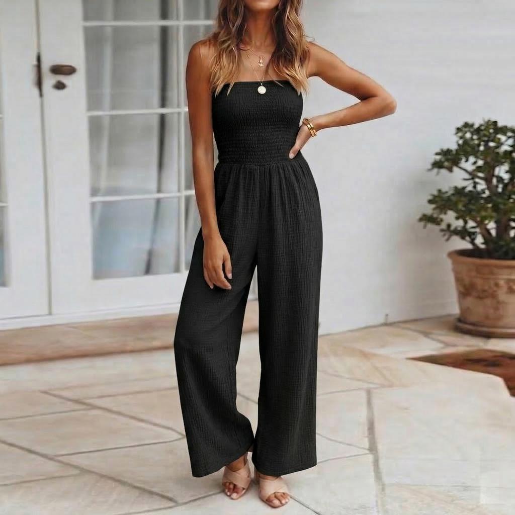 Women's Fashion Wide-Leg  Color Strapless Pocket Waist-cinching Jumpsuit