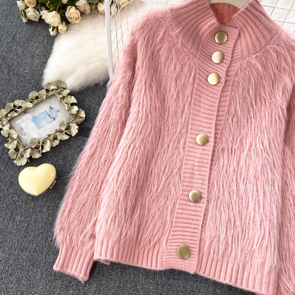 Imitation Mink Sweater Fashion Stand-UP Collar Loose Top Women's  Autumn/Winter Korean Soft Comfortable Cardigan Solid Coat