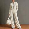 Fall Winter Women's Outfit, Velvet Stand Collar Button Cardigan + High Waist Wide Leg Pants 2 Piece Casual Suit, European American Style