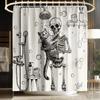 Funny Skeleton Cat Shower Curtain, Gothic Black White Print Bath Screen, Waterproof Fabric Bathroom Decor with Hooks
