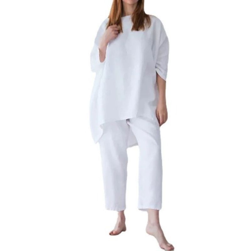 

European Station Large Size Women s Spring and Summer New round Neck Half Sleeve Loose Front Short Back Long T-shirt Ankle-Length Pants Two-Piece Set White XL