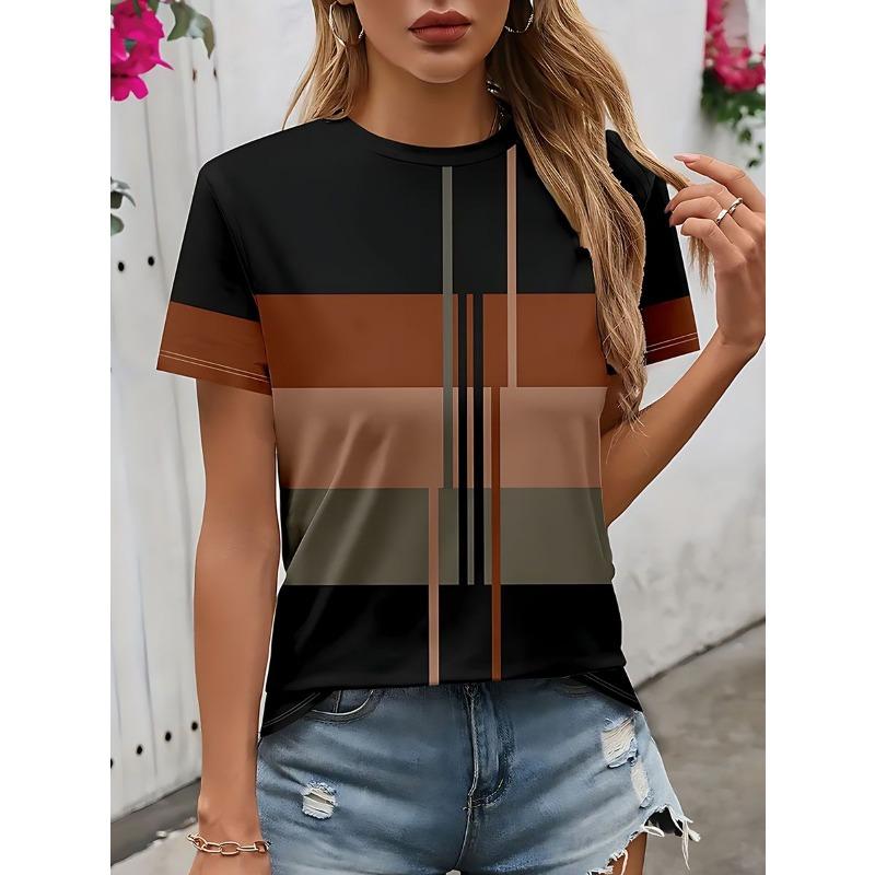 Fashion Stripe Pattern T-Shirts 3D Print Summer Women's Short Sleeve Round Neck T Shirt Tees