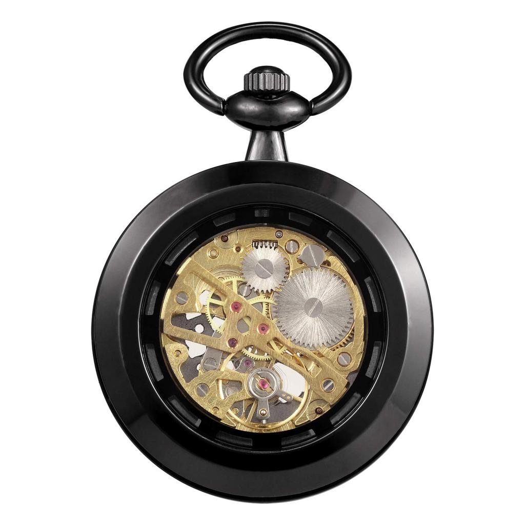 TREEWETO Pocket Watch, Hand-wound, Antique, Mechanical, Skeleton, Men's, with Chain (black)