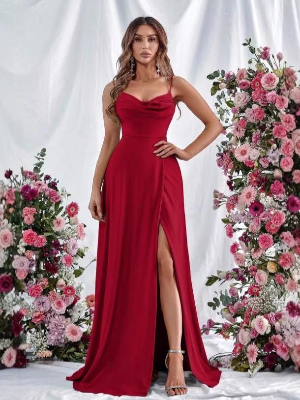European Spring 2026 Strappy Off-Shoulder Sleeveless Slit Solid Color Elegant Women's Dress