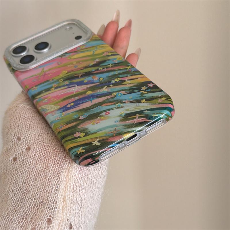 Colorful Rainbow Brushstroke Star Glitter Phone Case For iPhone 15 16 17 Pro Max INS Artistic Y2K Style Large Window Shockproof