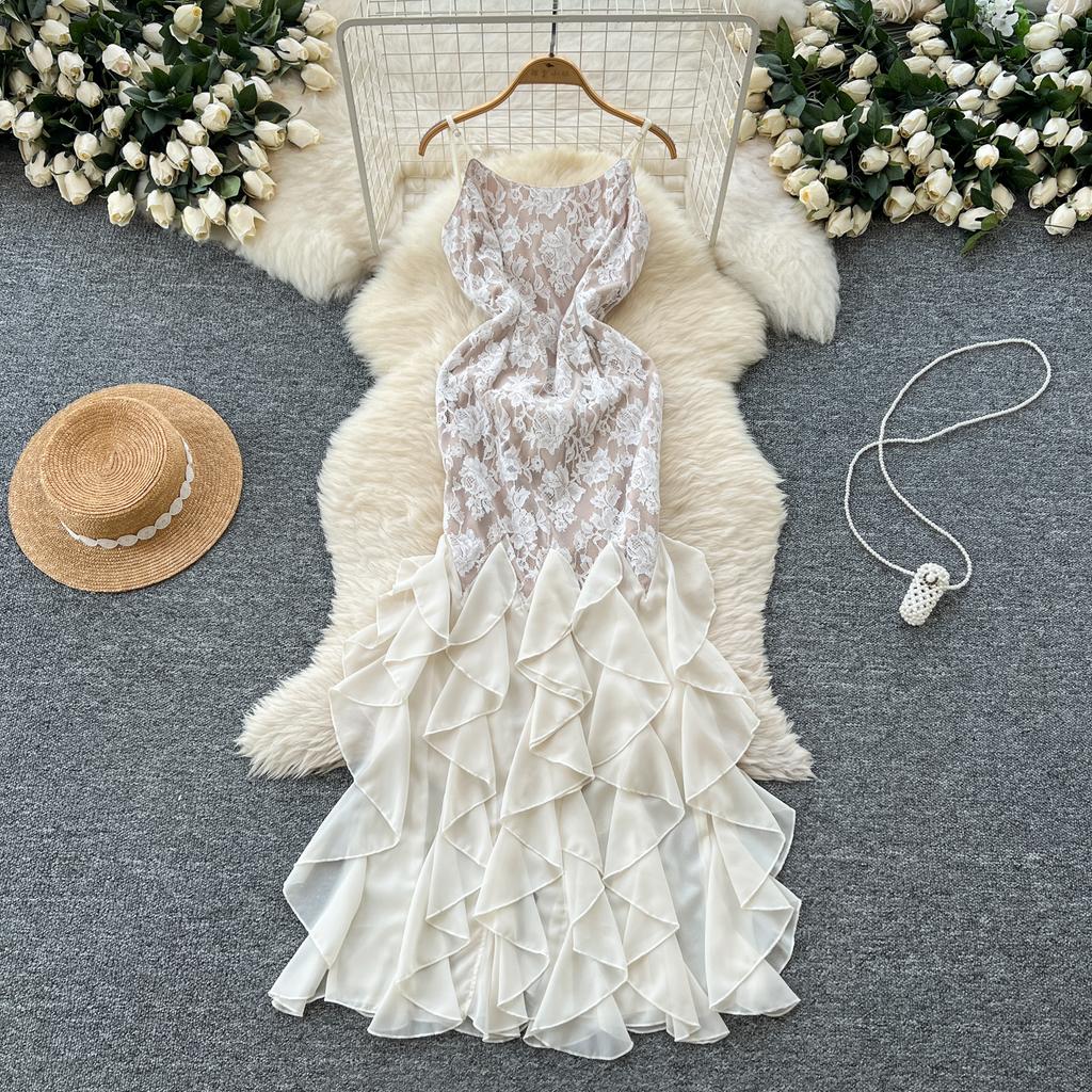 Summer Women Elegant Spaghetti Strap Open Back Lace Long Maxi Party Fishtail Dresses