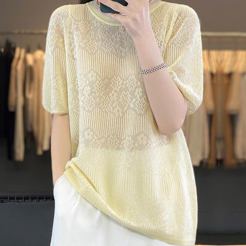 Women Sweaters Pullovers 2025 Summer Short Sleeve O-Neck White Black Knitted Sweater Women Tops Pullover JJ225