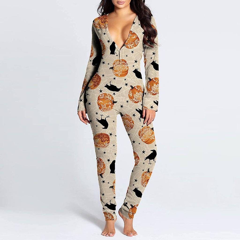 Women's Button-Down Halloween Print Functional Buttoned Flap Adults Jumpsuit