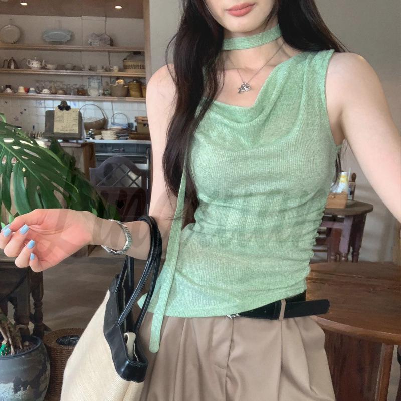 

Halter Neck Irregular Ruched Camisole with Flowing Ribbon for Women - Summer Style L зелёный