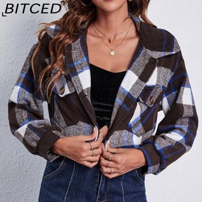 Checkered Lantern Sleeve Long-sleeved Woolen Coat for Girls with Doll Collar Loose Cropped Jacket
