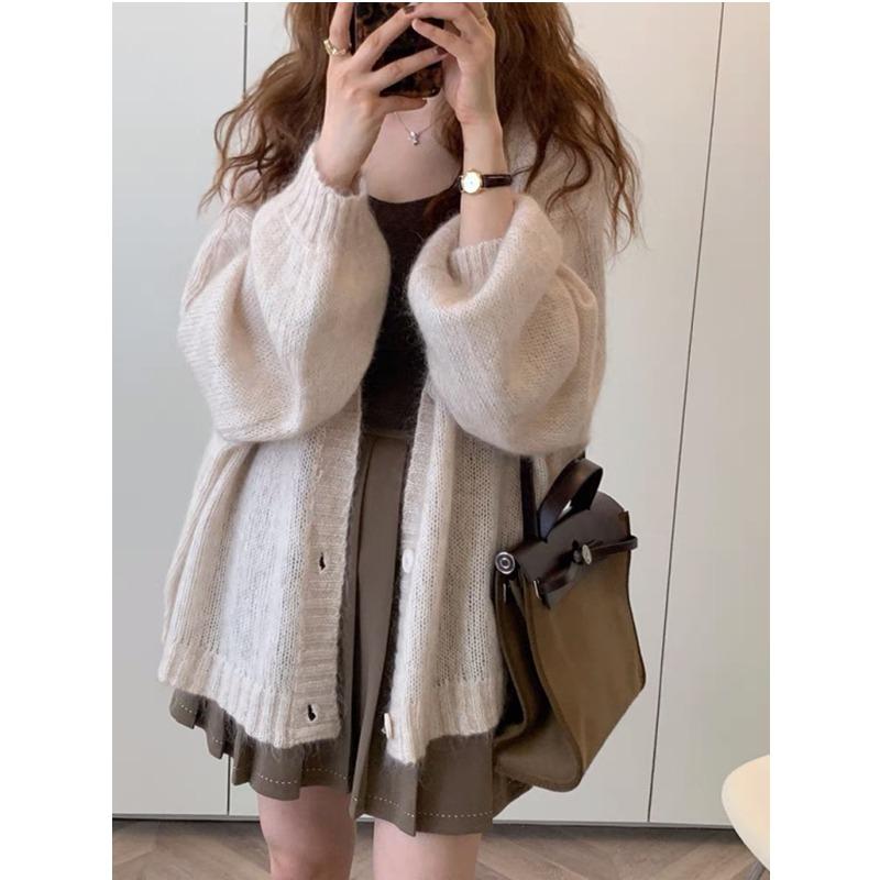 Fashion Lantern Long Sleeve Knitted Cardigan Jacket Women's Loose Elegant Medium and Long Sweater Thin Casual Simple Top Office Autumn Winter Clothing