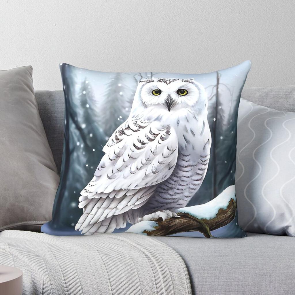 Winter Night Snowy Owl Pillowcase Polyester Linen Velvet Printed Zip Decorative Throw Pillow Case Car Cushion Cover X
