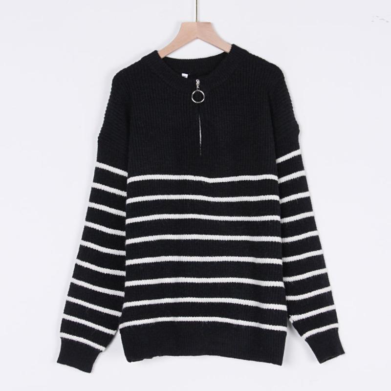 Striped Sweater Women Knitted Pullovers Autumn Winter Fashion Zipper Jumpers Long Sleeve Half High Collar Loose Pullover