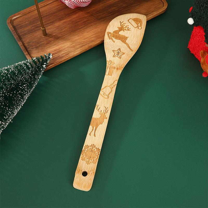 5 ks/sada Bambusové lžíce Kuchyně Vánoční potisk Ideální vánoční dárky Salátová špachtle Rodinné kuchyňské náčiní Pečení