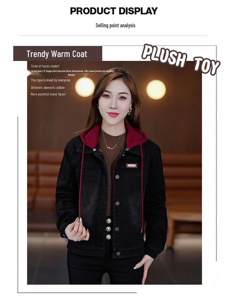 Women's Thick Velvet Hooded Denim Jacket - Autumn/Winter 2025 Chic Casual Top