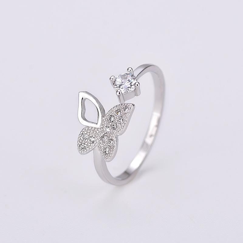 Buyee 925 Sterling Silver Sweet Ring Finger Cute Butterfly White Zircon Open Ring for Women Fashion Trend Fine Jewelry Circle