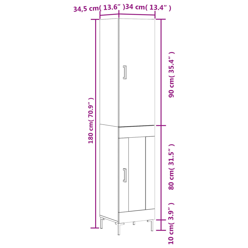 Highboard White 34.5 X 34 X 180 Cm Particleboard
