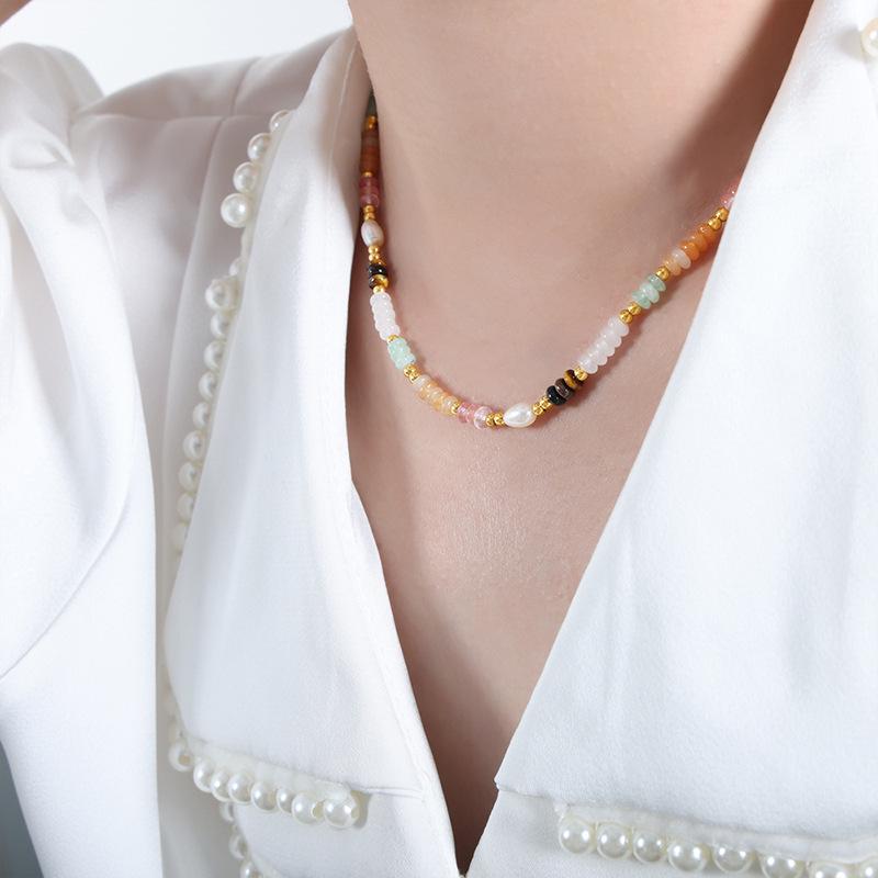 Handmade Baroque Necklace with Freshwater Pearls, Pink Tiger Eye, and Green Phantom Stone Beads