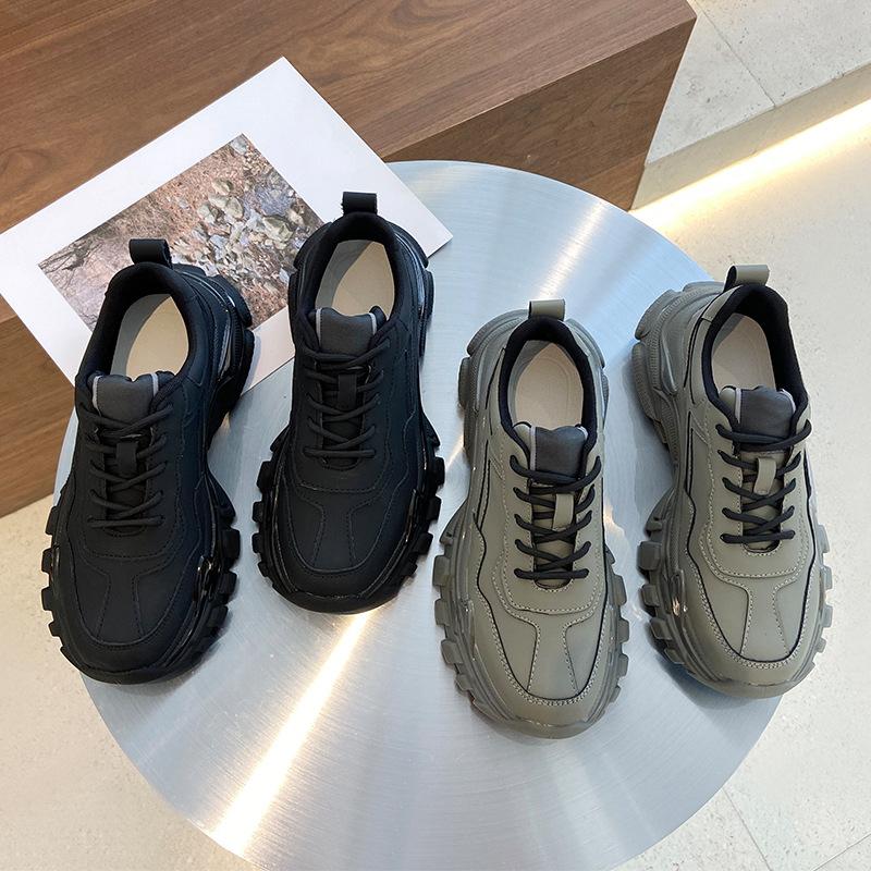 Fashion Real Cowhide Sports Casual Milk Tea Color Ins Trendy Single Shoes Spring New Thick-soled Daddy Shoes Women's Shoes